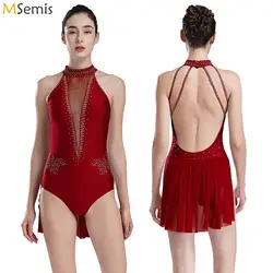 Womens Rhinestones Gymnastics Leotard Skirted Figure Skating Dress Backless Sheer Shiny Dance Ballet Jersey Dancewear Costume