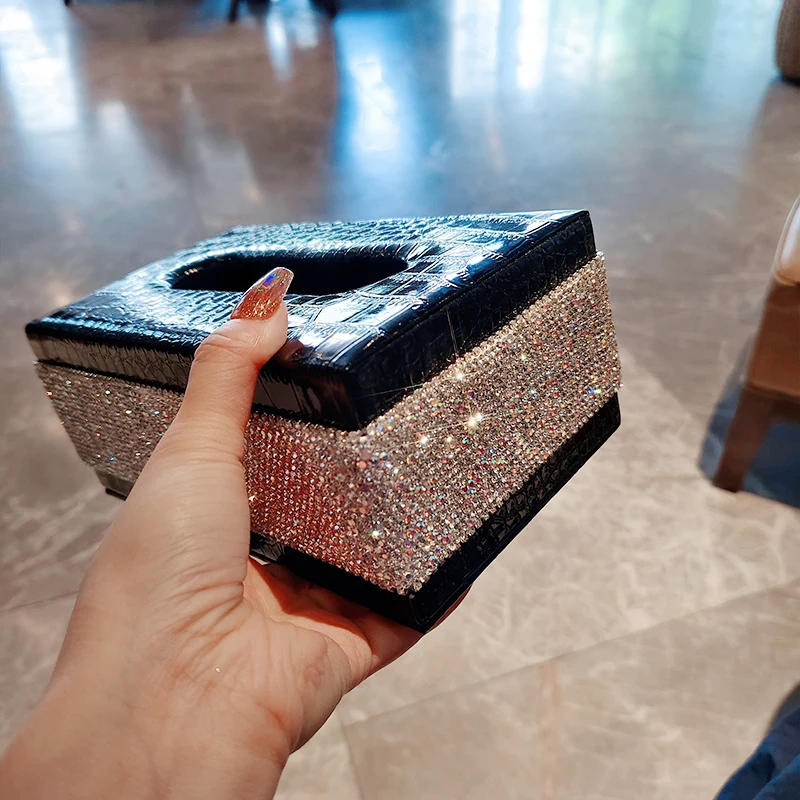 

Luxury Rhinestone Tissue Box Desktop Napkin Holder Storage Container Kitchen Bathroom Tissue Boxes Rectangle Paper Towel Holder