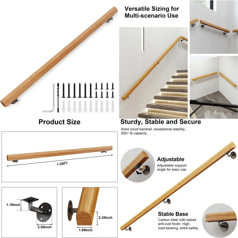 درابزين من الخشب الصلب بطول 3 أقدام للسلالم الداخلية والخارجية، مثبت على الحائط، تصميم أمان غير قابل للانزلاق لكبار السن والأطفال، قوي و #1