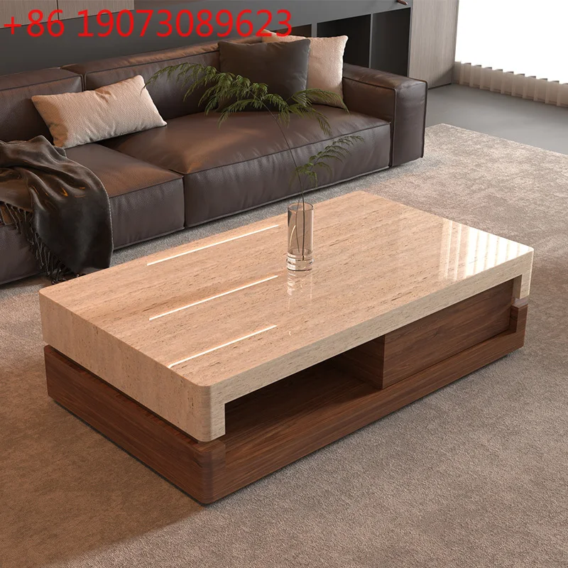

"Travertine & Walnut Coffee Table - Luxury Minimalist Design, Customizable Living