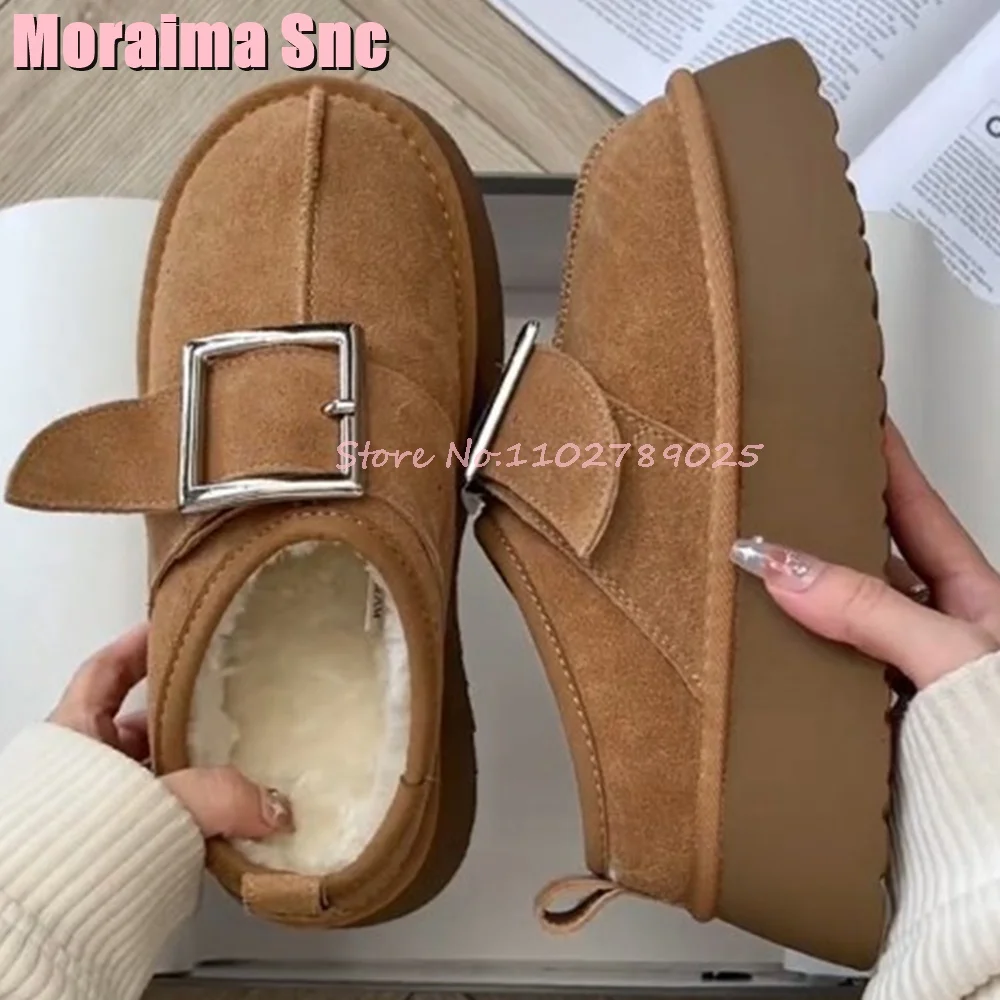 

Belt Buckle Thick-Soled Half Slippers Round Toe Suede Leather Flat with Women Autumn Winter Cotton Slippers Warm Fashion Brown