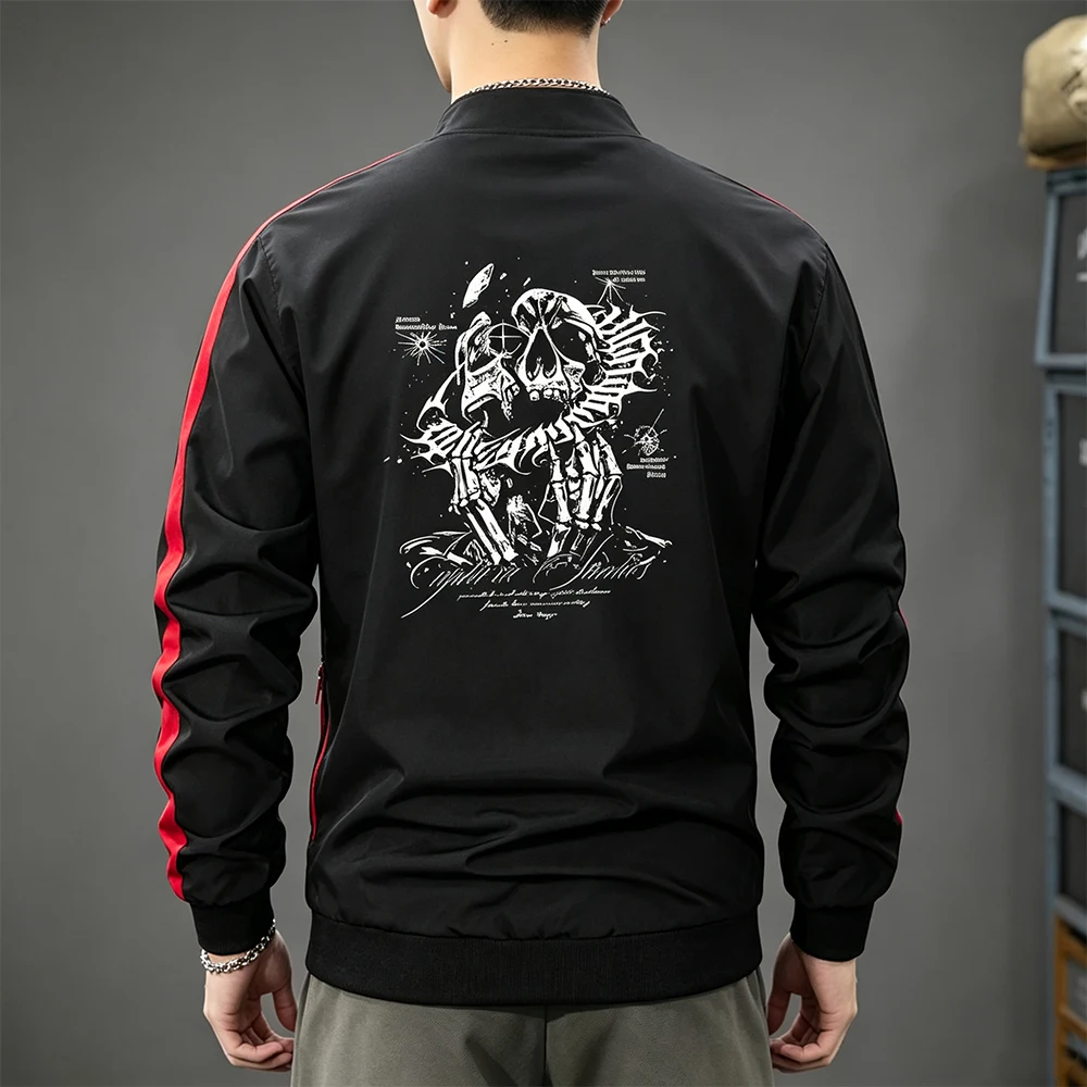 Men's Stand Collar Full Zip Sport Jacket Skeleton Font Print Red Side Stripes Casual Daily Streetwear Running Outerwear Tops