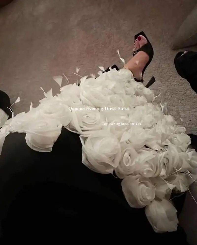 Qunque Mermaid Arabia فساتين سهرة Evening Dress Customized 3D Flowers With Luxury Feathers Leg Slit Party Dress Robes De Soirée