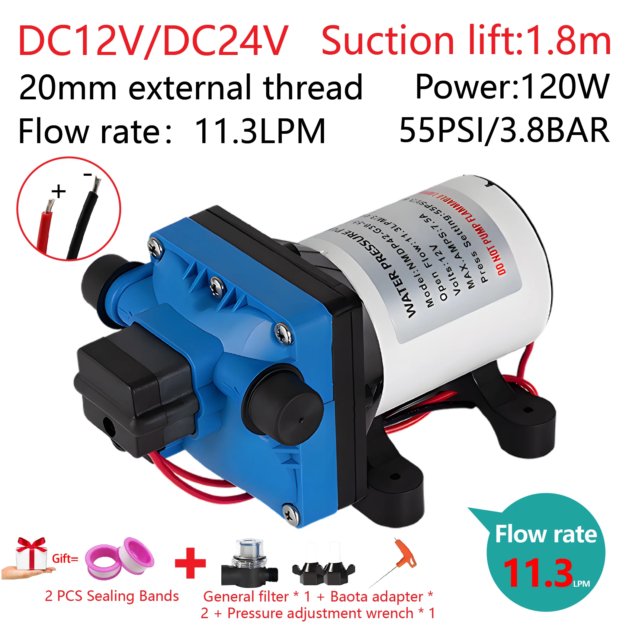 Self-priming RV Water Pump, DC 12/24V, 11.3LPM, 1.8M Suction Lift, Boost Pump, Horizontal Marine Miniature Mute Diaphragm Pump.