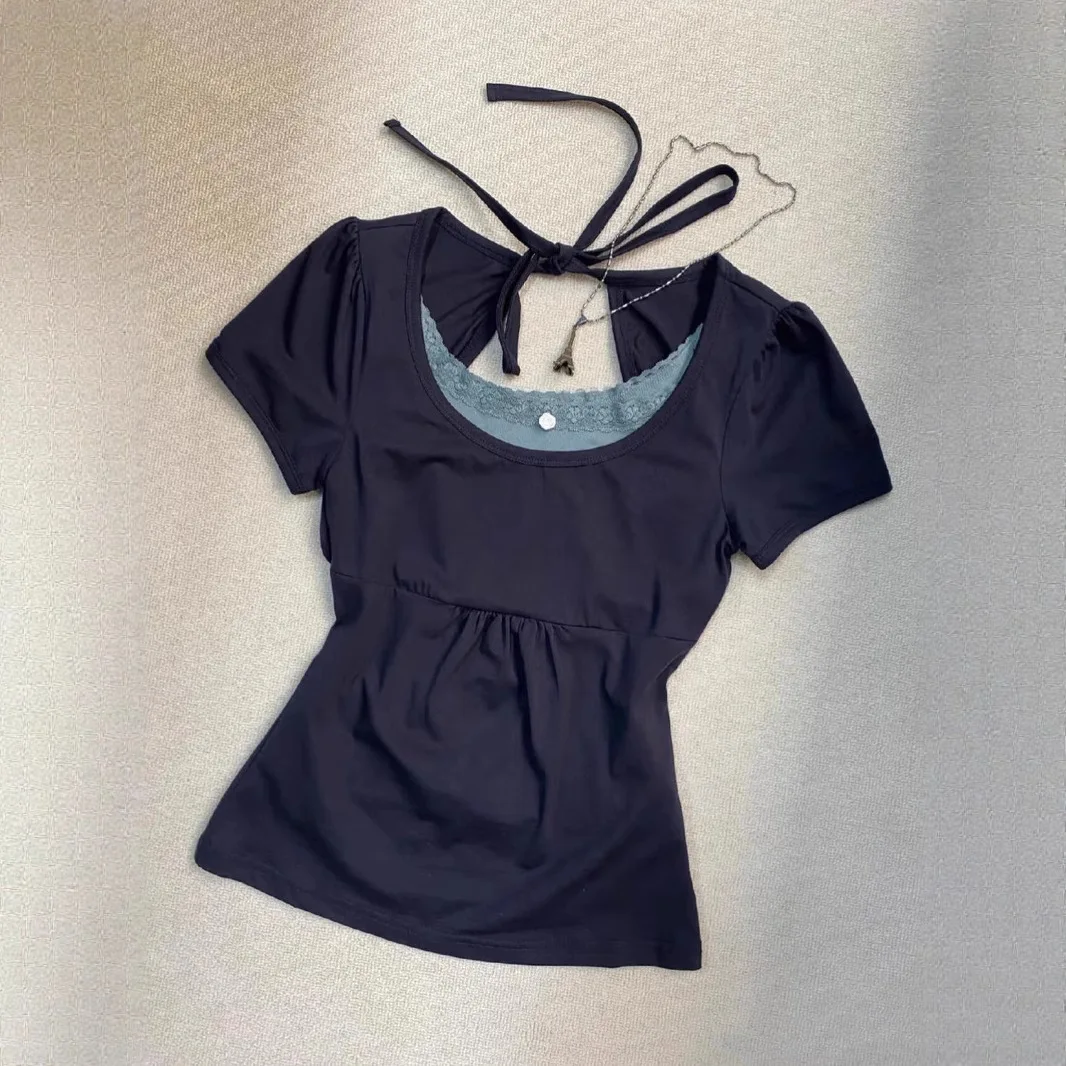 

2026 Women's Vintage Y2K Royal Blue Short Sleeve T-Shirt Lace Halter Fake Two Piece Top