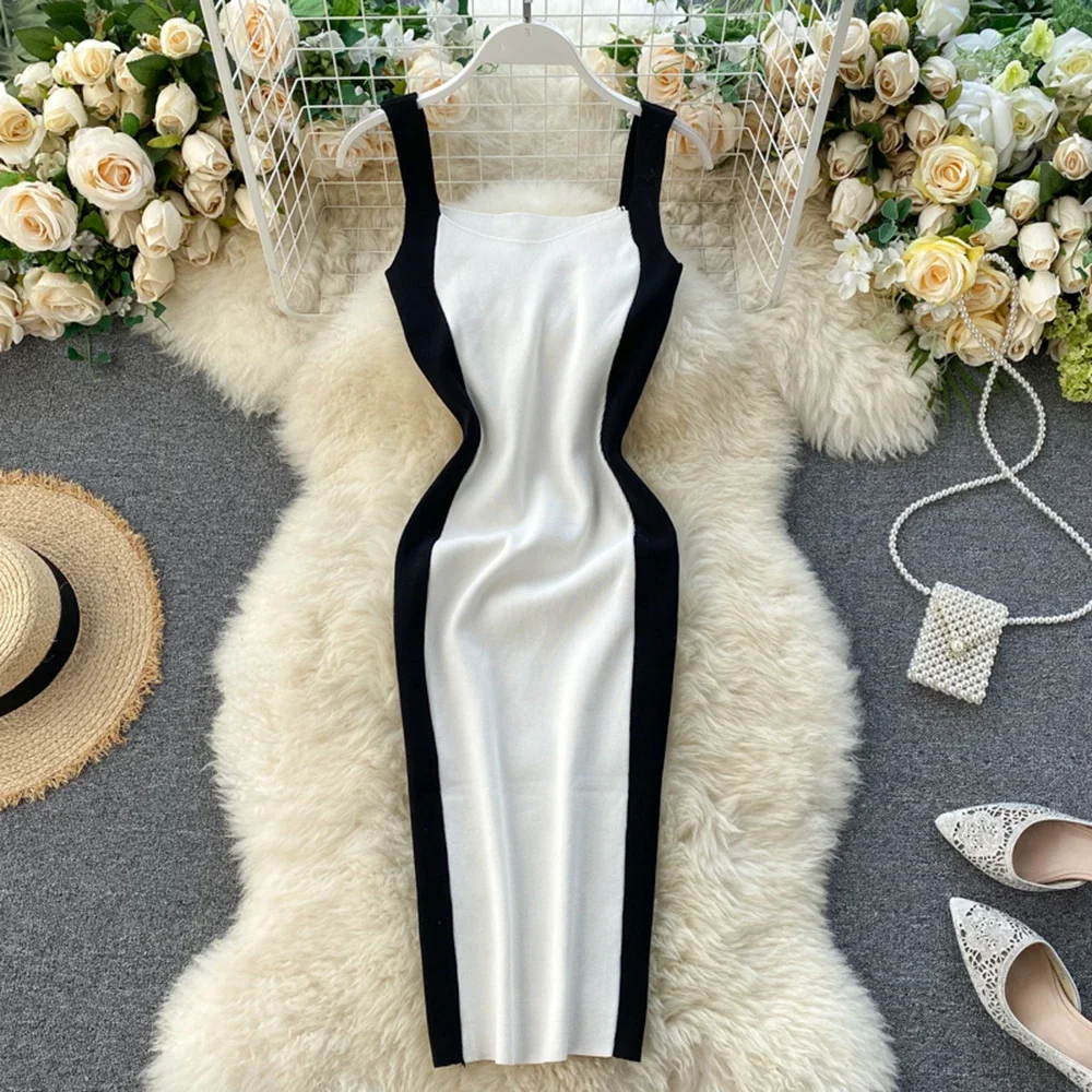 Abito da donna estivo con tubino lavorato a maglia con lettere, mini abiti patchwork senza maniche con canotta lavorata a maglia aderente femminile per donna