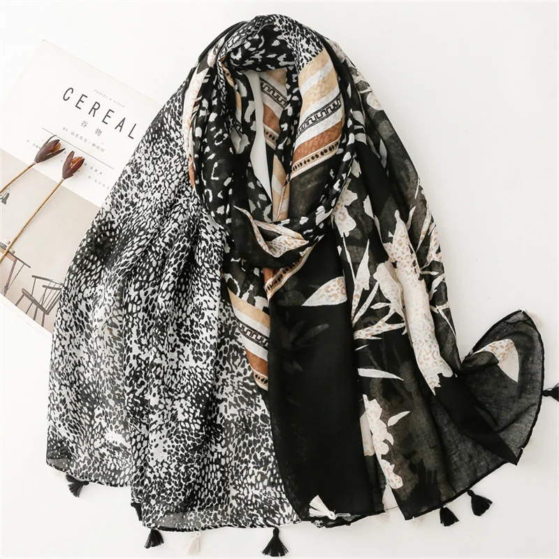 Autumn And Summer Fashion Leopard Print Flower Color Patchwork Cotton Hemp Feel Scarf Balinese Wear Accessories Shawl Woman