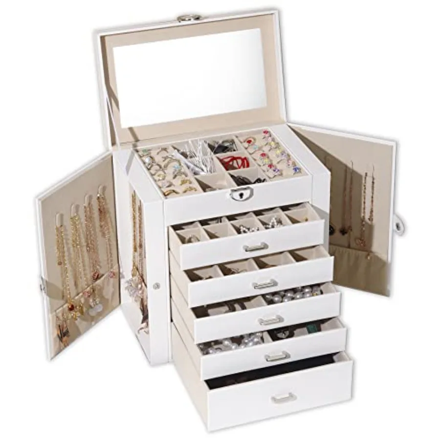 

Jewelry Box For women 6 Layer Large Jewelry Organizer With Mirror Multi-Function Storage Box With Lock Accessory Holder With 5