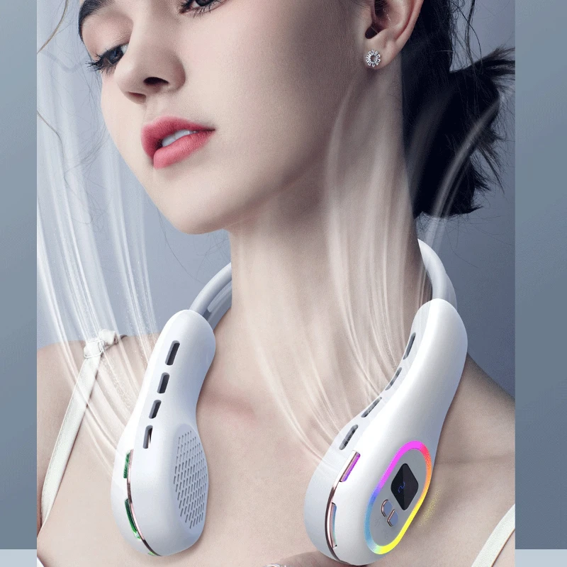 

7-Color Ambient Light Neck Fan Flexible Hose Design with Directional Airflow,3Level Quiet Personal Cooler for Yoga/Summer Travel