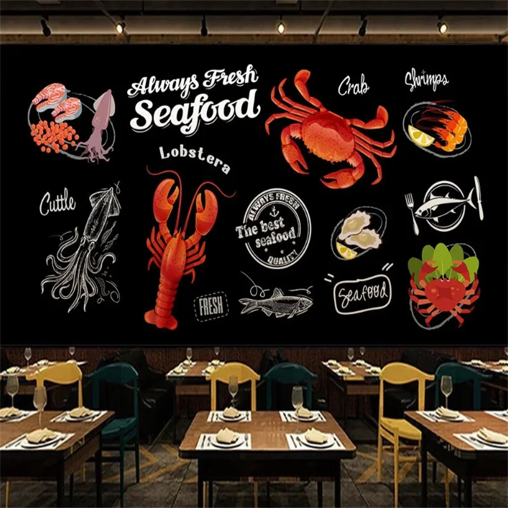 custom Black seafood shop decoration painting photo mural wallpaper TV background wall paper 3D crab prawn Homard wall painting