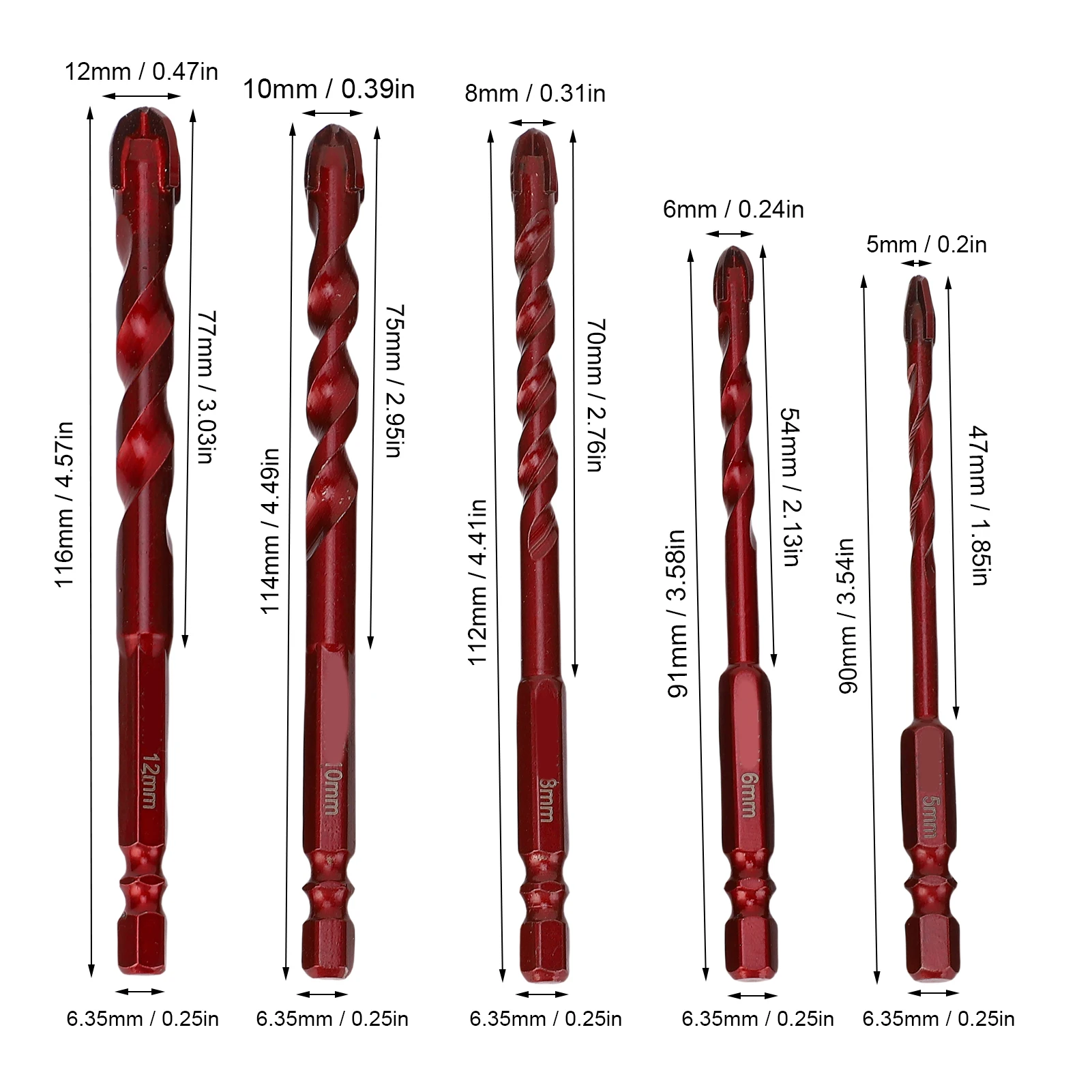 Zestaw wierteł do betonu i muru, 5-12 mm (3/16 cala - 1/2 cala), trzpień sześciokątny 1/4 cala, zestaw wierteł ceramicznych do drewna i plastiku.