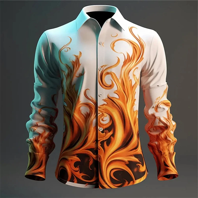 Shirts For Men 3d Flame Printed Fashion Casual Long Sleeved Shirts High Quality Men\'s Clothing Street Harajuku Sportswear Shirts