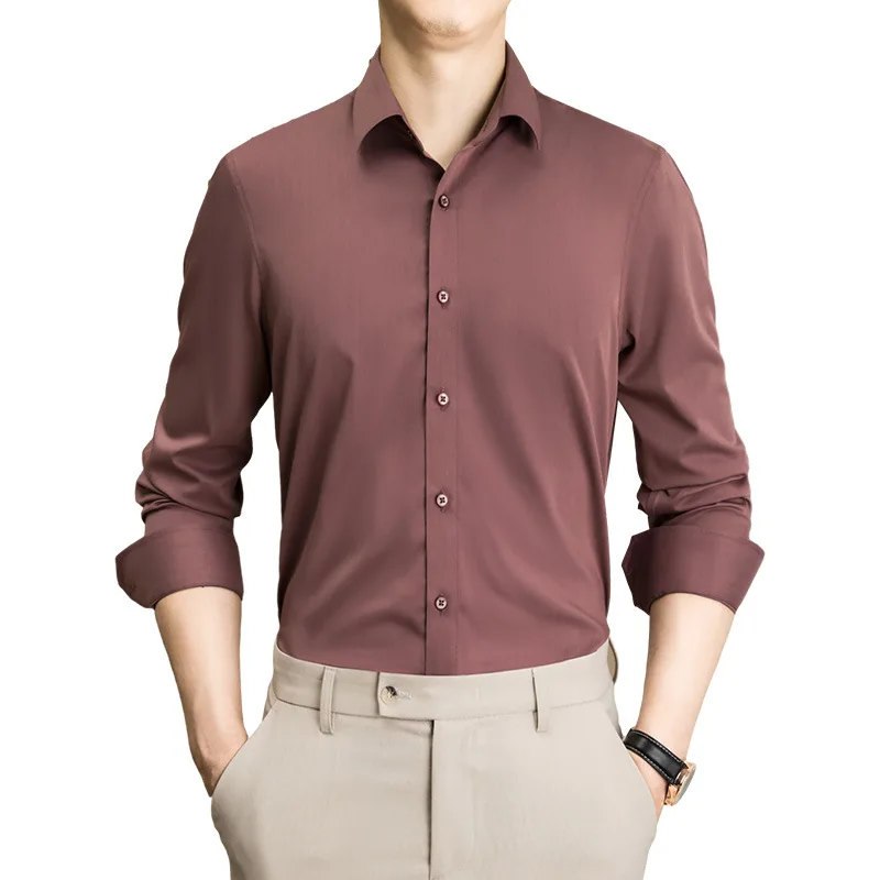 

Purple Ice Silk Long Sleeve Shirt Men's Slim Fit Pure Cotton Casual Wedding Business Commute Large Size Anti-Wrinkle Iron-Free