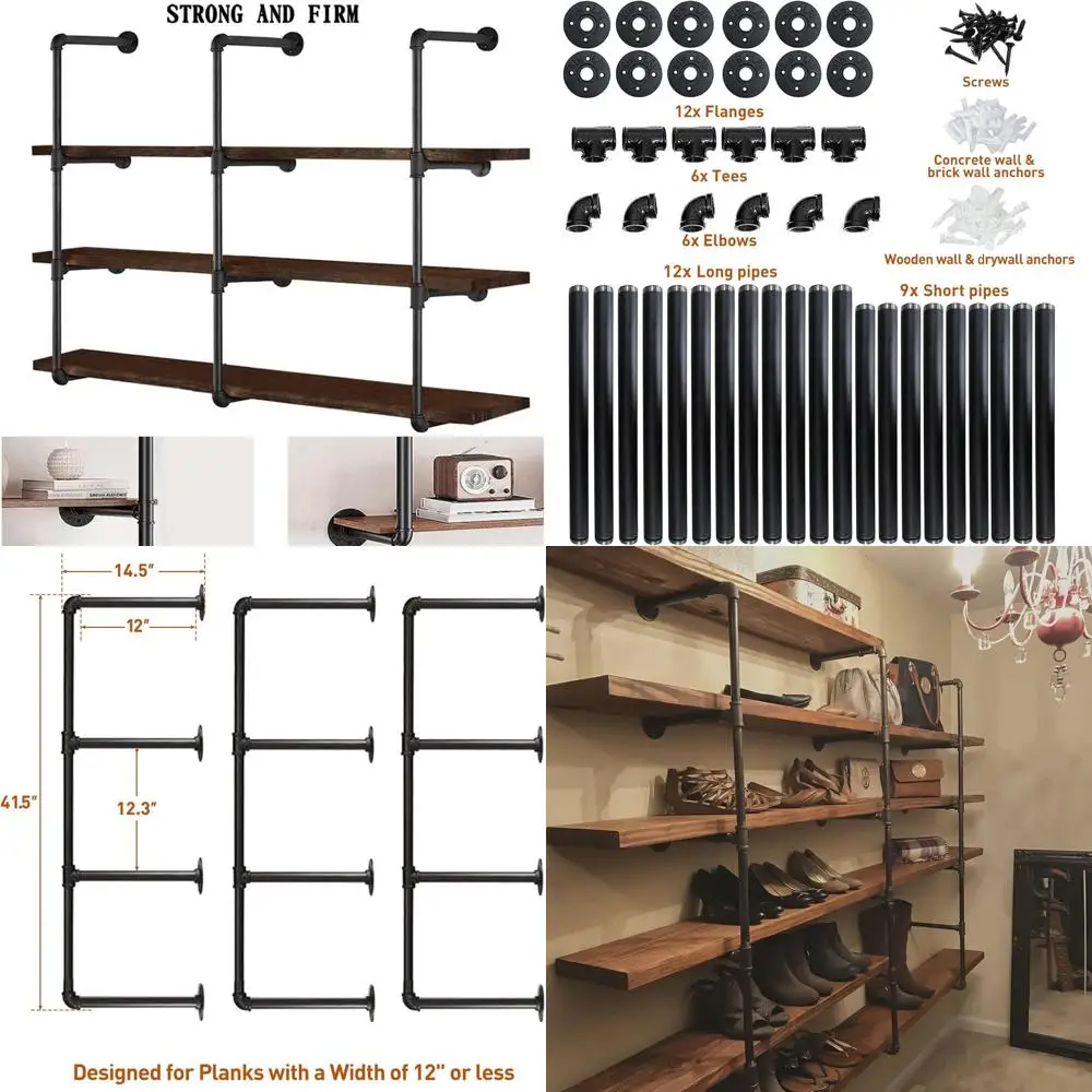 

Винтажные 4-уровневые настенные полки из железных труб, 41,5 В x 12D, открытый книжный шкаф «сделай сам», кухонное хранилище в деревенском стиле, черные кронштейны