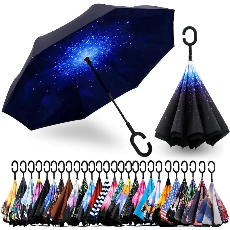 

40/49/56/62 Inch Inverted Reverse Upside Down Umbrella, Double Canopy Vented Windproof Waterproof Umbrellas ， C-shape Handle.