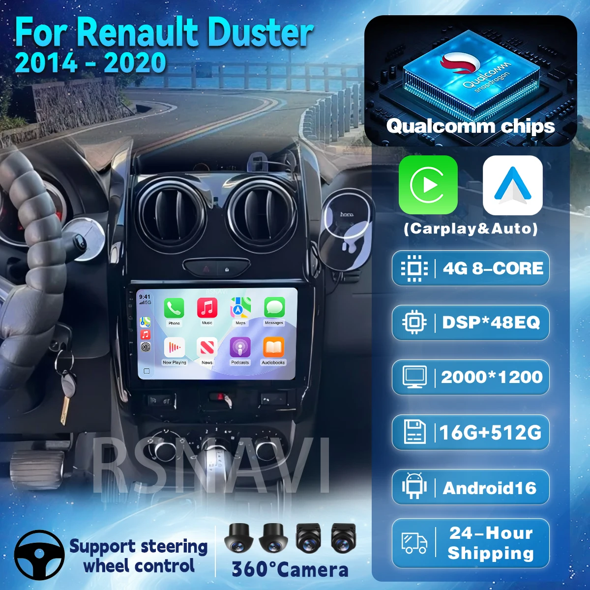 Android 16 WLAN+4G Carplay Auto BT Autoradio für Renault Duster 2014-2020 Navigation GPS Video Stereo Multimedia DVD DSP AI-Sprachsteuerung