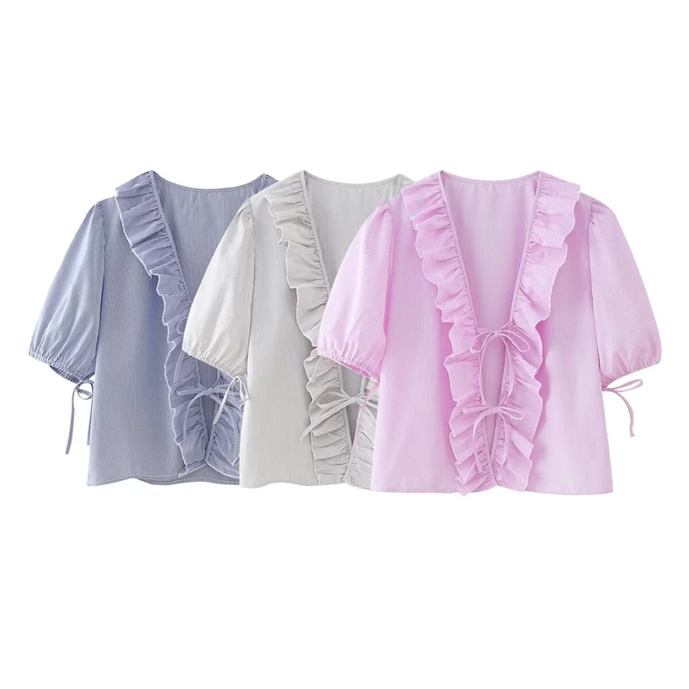 

2024ZAR Summer New Women's European and American Style Fashionable Outlier Western style Ruffle Edge Lace Up Top