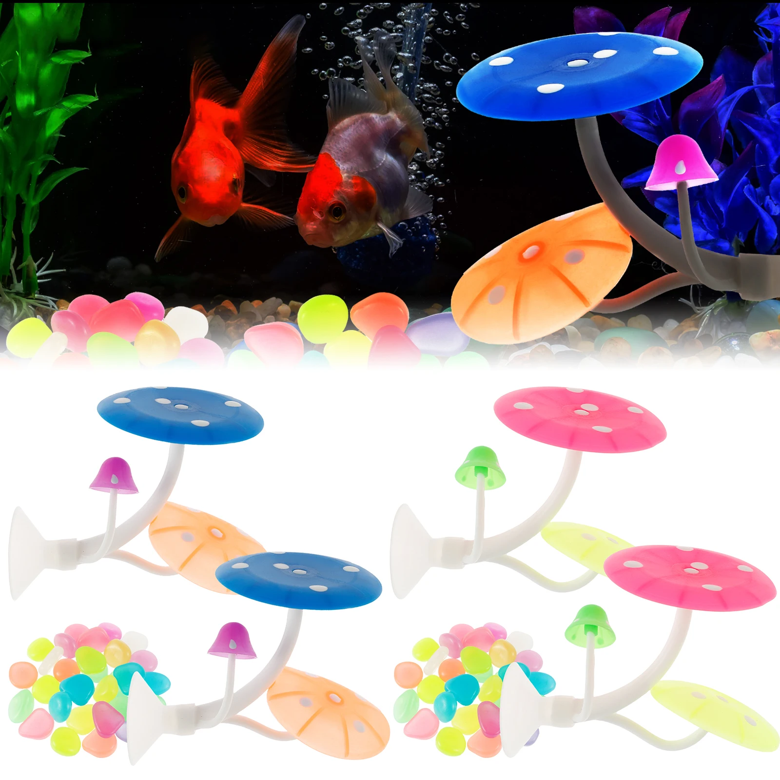 2Pcs Betta Fish Mushroom Hammock with 30 Luminous Stone Soft Silicone Aquarium Rest Bed with Suction Cup Colorful Lifelike