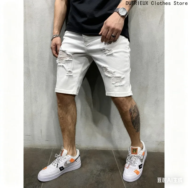 

Летние мужские винтажные рваные джинсовые шорты, модные перфорированные джинсы в уличном стиле, повседневные универсальные брюки средней длины больших размеров