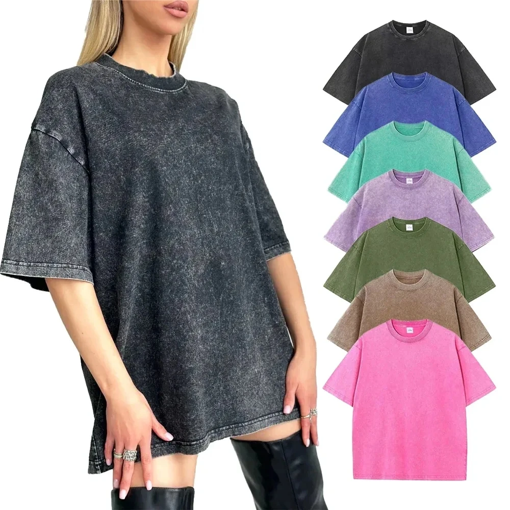 

100% Cotton Women's Summer T-shirt Vintage Washed Tops Round Neck Solid Color Breathable Sweat-wicking Loose Short-sleeved Tops