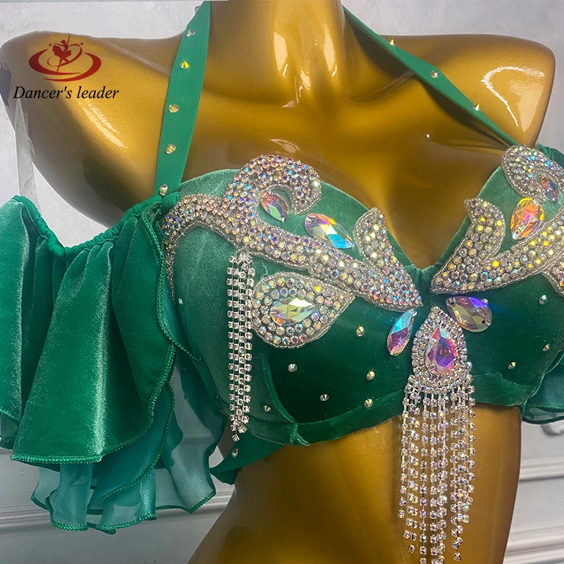 Traje de dança do ventre para mulheres, adultos e crianças, saia de renda diagonal verde de alta qualidade, vestido de alto flash de performance de samba