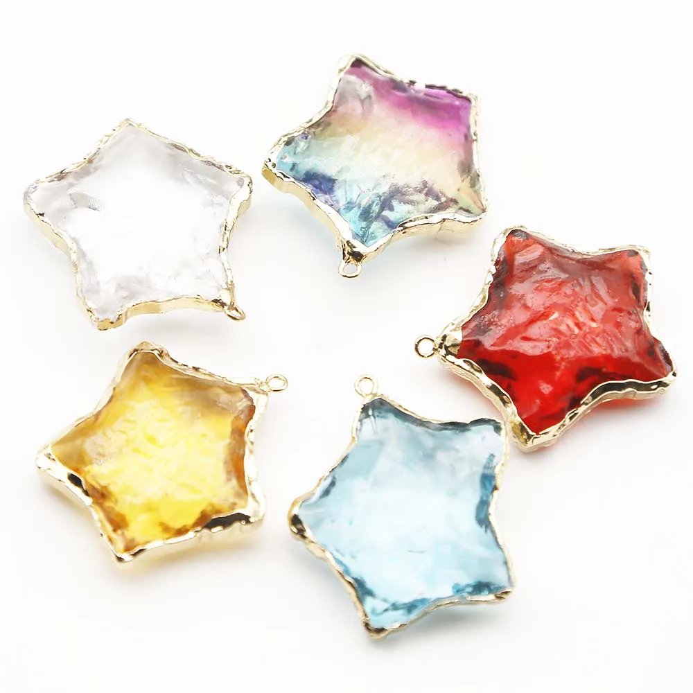 Natural Raw Ore Multicolour Crystal Five Pointed Star Gold Eedged Necklace Pendant Charms Diy Jewelry Accessories Wholesale 8Pcs