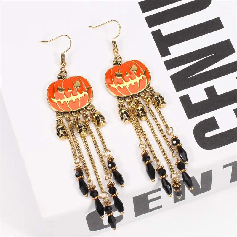

Halloween Pumpkin Black Tassel Earrings Ear Hook for Women Men Party Holiday Gold Plated Earrings Gift