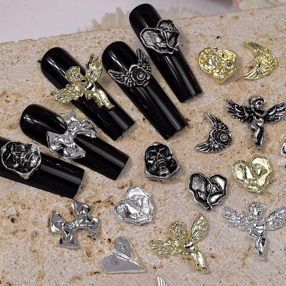 

20PC Retro 3D Metal Angel Nail Art Charms Love Heart Bow Skull Accessories Parts For Nails Decoration Manicure Supplies Material