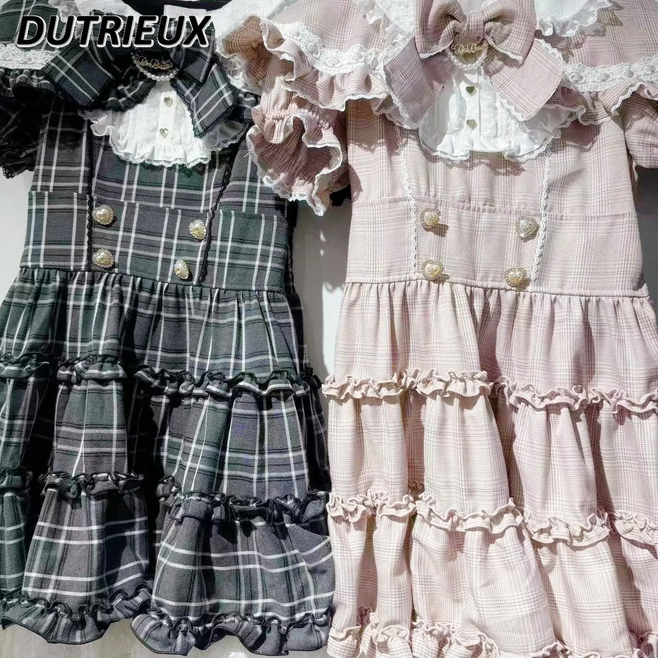 Japanese Style Short Sleeve Dresses Summer Autumn Retro Sweet Mine Series Mass Production Bow Tweed Plaid Cloak Casual Dress