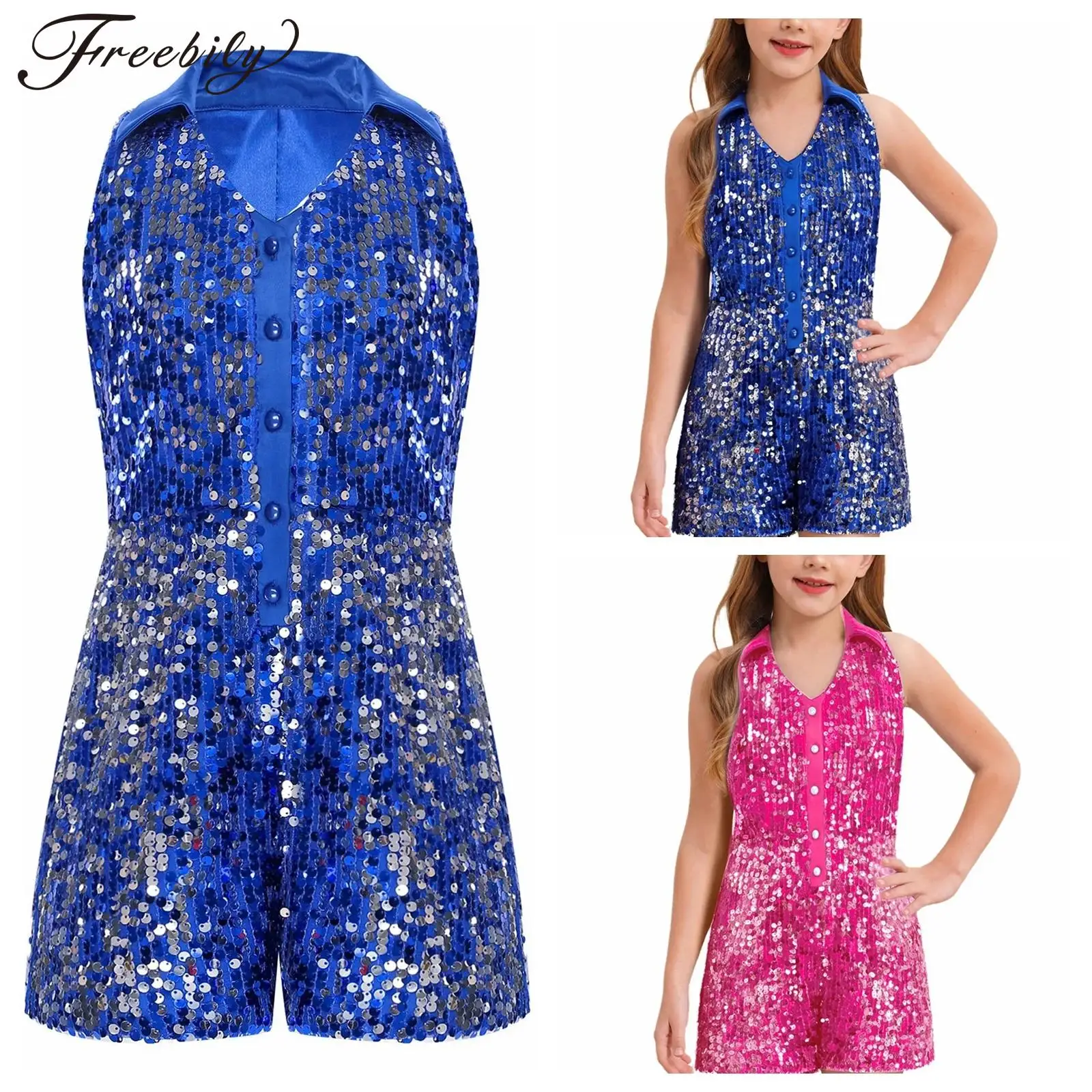 

Girls Jazz Dance Party Jumpsuit Sleeveless Bodysuit Children Sequins Shorty Unitard Summer Clothing Cha-Cha Fashion Short Romper