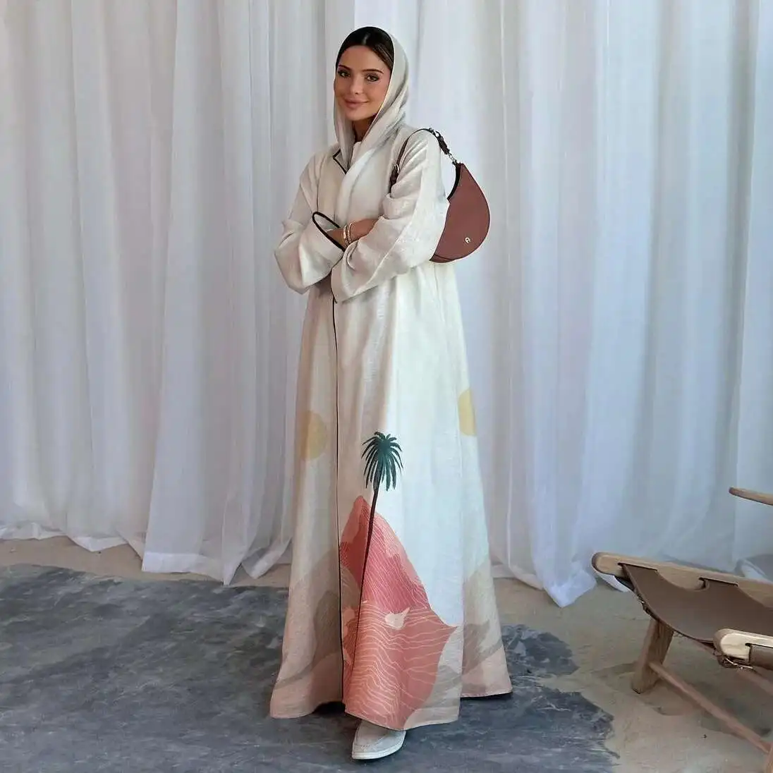 

Mq111 Muslim Fashion Gown Abaya Cardigan Coat Casual Wear Türkiye Printed Linen Robe Abaya Ramadan Dubai Luxury Islam Elegant