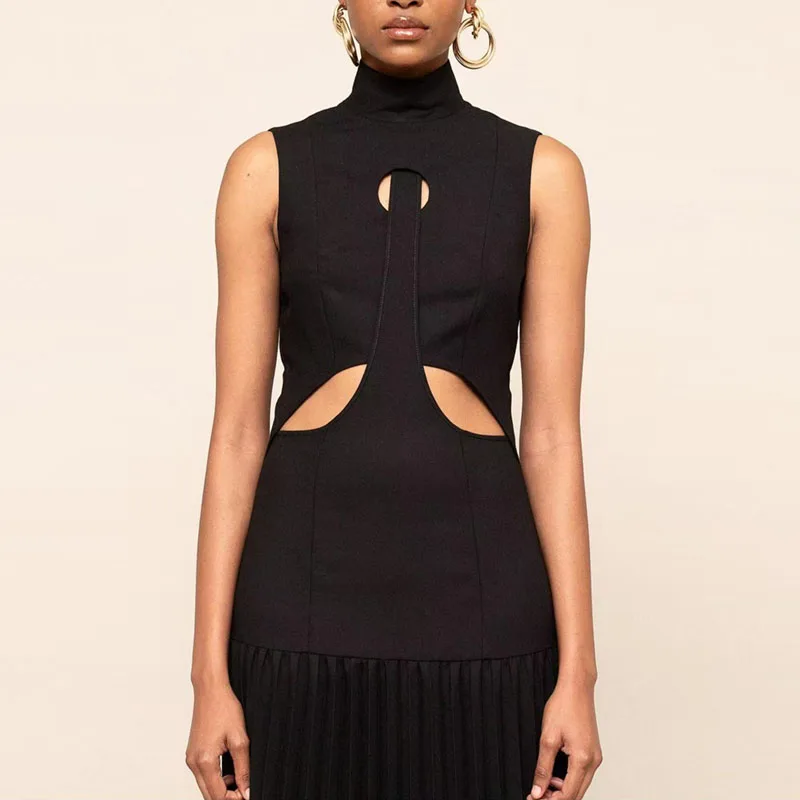 女性ファッションタートルネックスリムニットドレス春セクシーな中空ハイウエストプリーツロングドレス夏ノースリーブボヘミアンマキシドレス