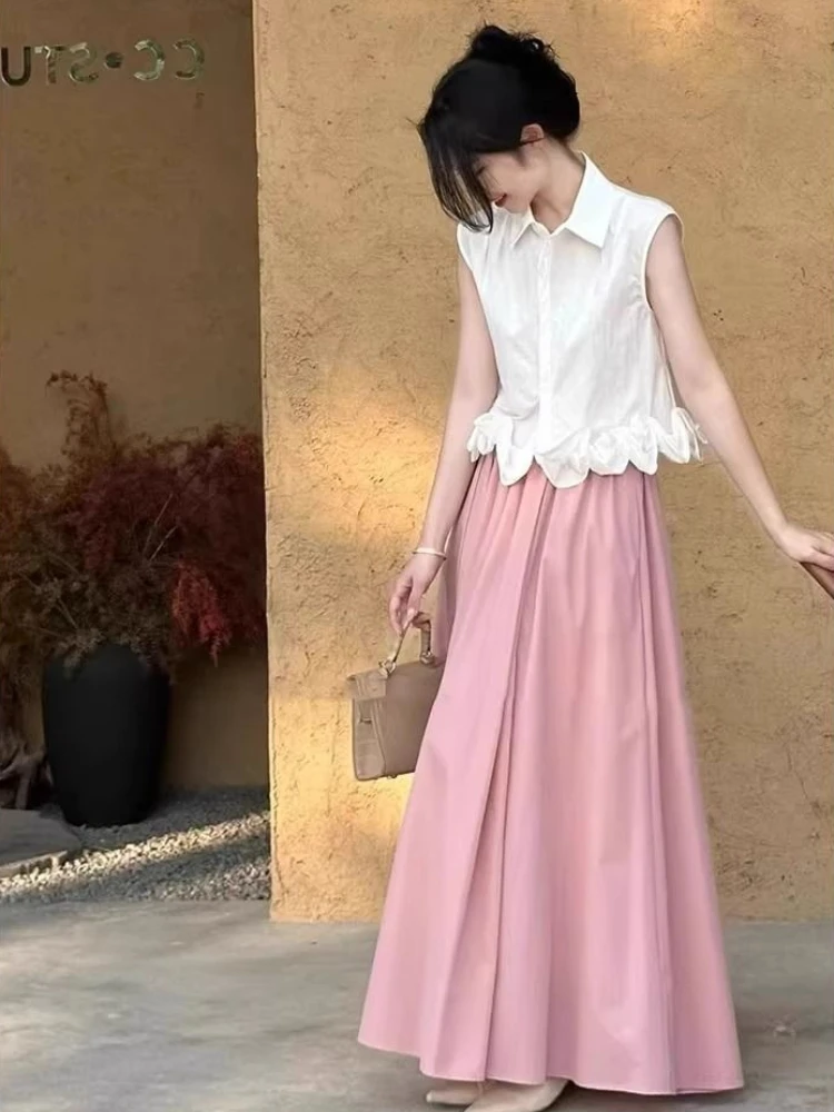 

Women Summer Two Piece Set Sleeveless Blouse High Waist Long Skirt Elegant Casual Outfit Party Beach Wear New Arrival
