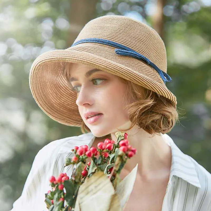 

Hepburn Style Straw Hat Women Age Reduction Face Small Curly Edge SunHat Female Summer Beach Hat Japan Holiday Party Cap UPF50+