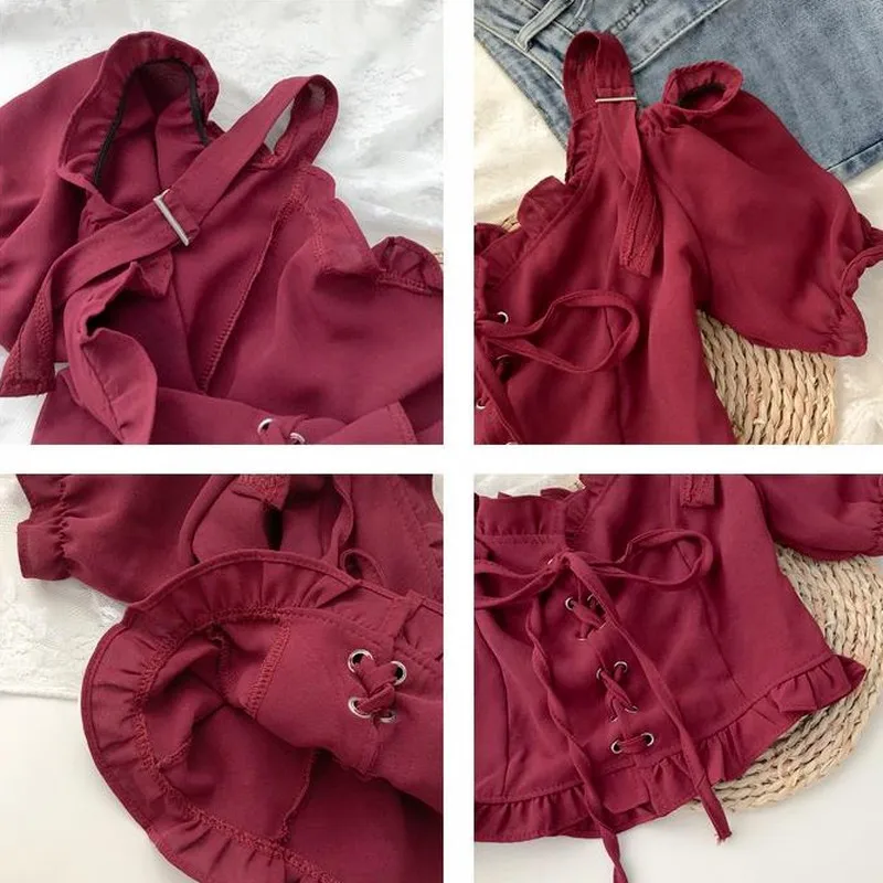 بلوزات حريمي بأكمام منتفخة ورقبة مائلة متينة النسخة الكورية قطع علوية نسائية صيفية عصرية يومية تناسب كلية Kawaii