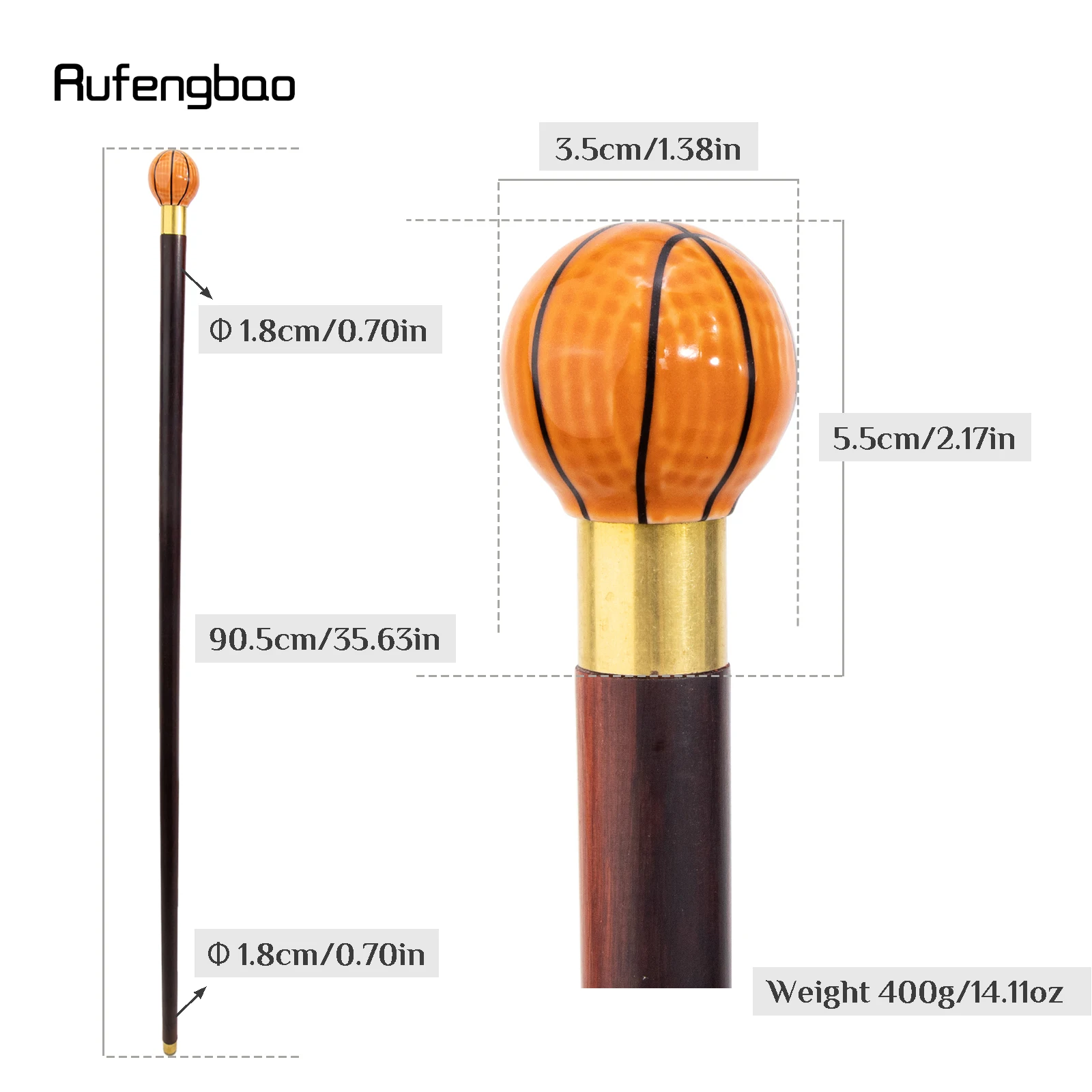 Orange Basketball Ceramic Round Head Wooden Single Joint Stick Decorative Cospaly Party Wood Cane Halloween Wand Crosier 90cm