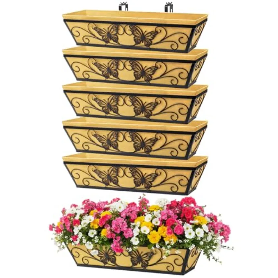 

Набор из 6 подвесных ящиков-кашпо для окон и перил, 24 дюйма, с регулируемыми кронштейнами, для веранды, террасы, балкона, с декором в виде бабочек