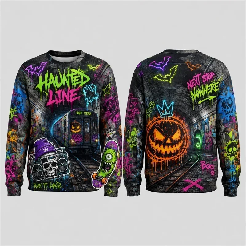 New Autumn 2026 Skeleton Surfing Motel Hoodie Men's Halloween 3D Printed Polyester Round Neck Long Sleeve Horror Street Leisure