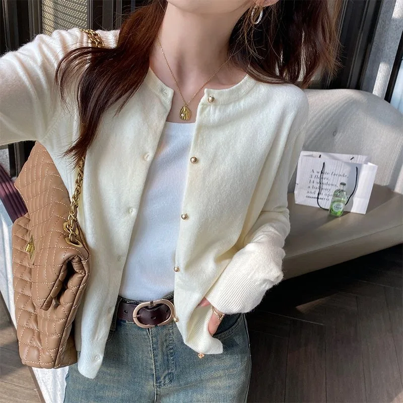 Spring Autumn Basic Solid Thin Button Front Sweater Cardigans Woman White Beige Yellow Black Gray Green Knit Outwear Coat Fall