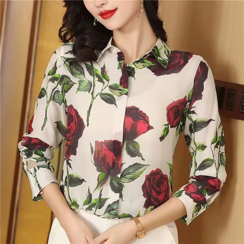 

Women Clothing Fashion Rose Printed Shirts Female Spring Mulberry Silk Vintage All-match Loose Blouse Elegant Temperament Top