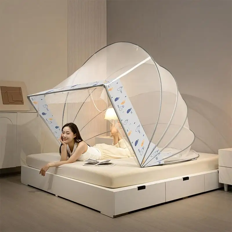 No-Install Foldable Mosquito Net Breathable Polyester Fiber Mongolian Tent with Stand Zipper Version Enhanced Anti-Fall Prote...