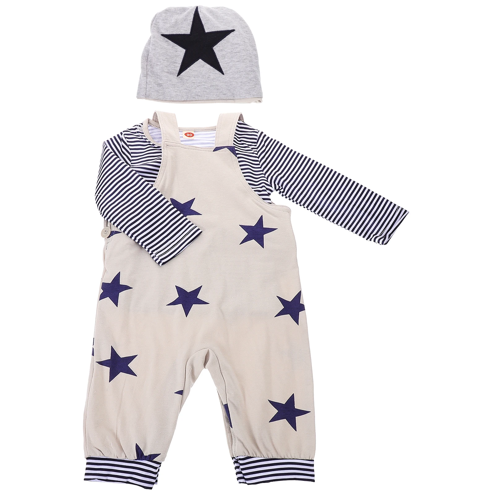 

Stylish Star Print Overall Pants Sleeve T shirt Hat Baby Boy Clothes Suit 80cm Spring Toddler Outfit Breathing