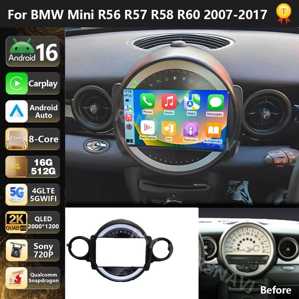 Radio Multimedia Qualcomm Android 16 para BMW MINI COOPER R56 R60 2007-2014, Reproductor Estéreo 2K QLED para Auto, CarPlay, Unidad Principal con Bluetooth
