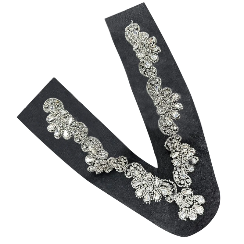 Rhinestones Appliques DIY Sewing Patches V Neckline Collar for Tops and Dress