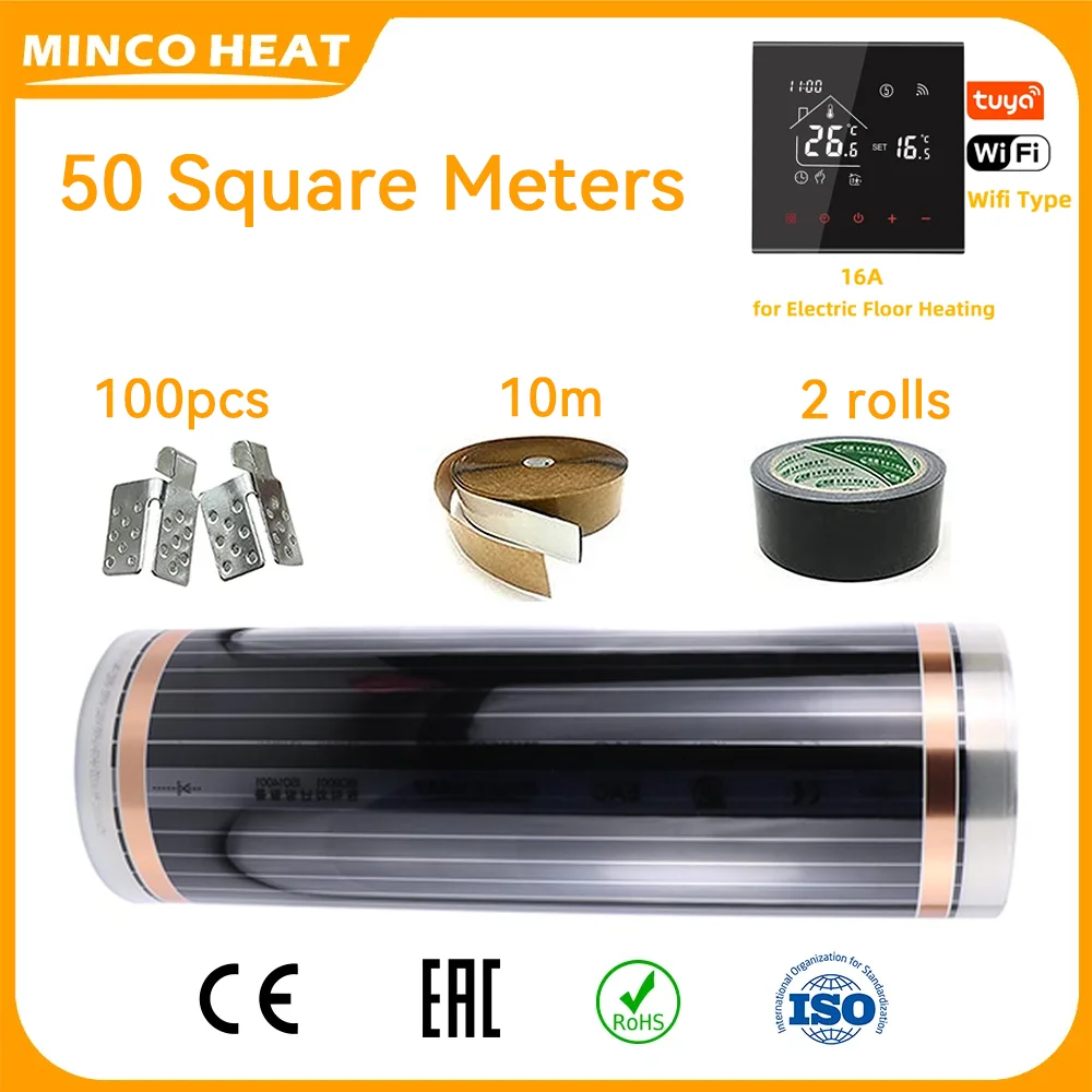 50 Square Meters 220w/㎡ Electric Floor Heating Mat Infrared Radiant Heat Film Mat with Wifi Thermostats Installation Kits