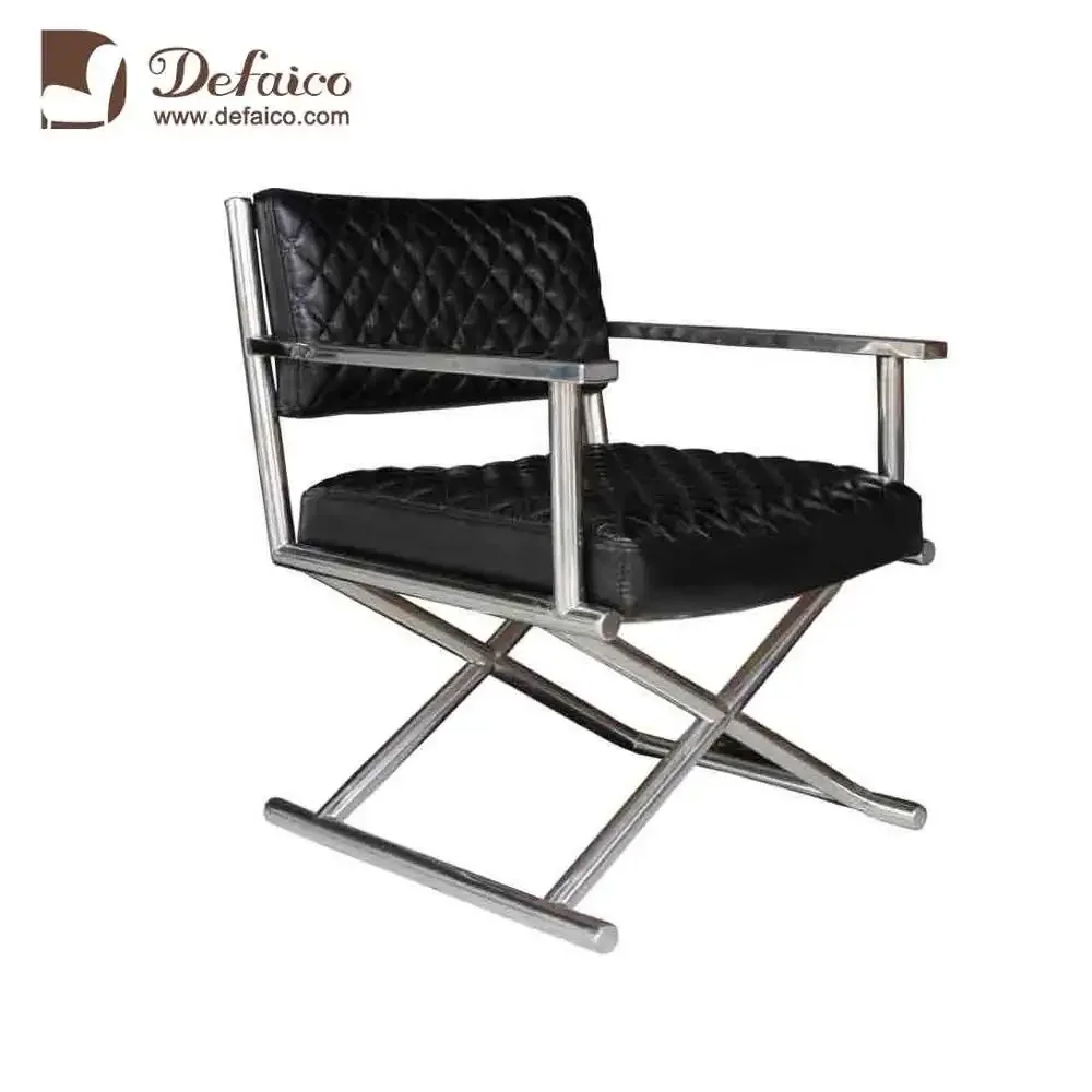 Modern Luxury Hotel Black Genuine/PU Leather Golden Chrome Stainless Steel X Base Leisure Bar Chair