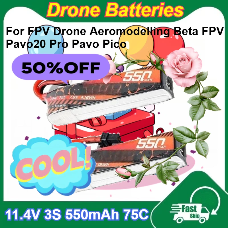 

2 Pcs 11.4V 3S 550mAh 75C Rechargeable Li-Po Battery for FPV Drone Aeromodelling Beta FPV Pavo20 Pro Pavo Pico Batteries