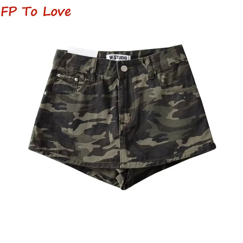 

OOTD Denim Mini Shorts Skirt Basic Loose Sexy Streetwear Women's Camouflage Green Quality Summer Spring Bottoms