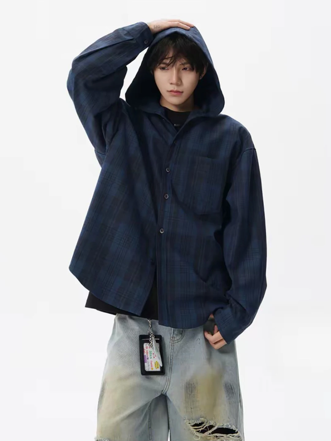 

Blue Plaid Hooded Shirt Men's Long Sleeve Casual Vintage American Style Autumn Fashion Outerwear Cool Handsome Coat