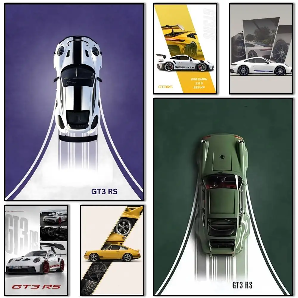 Top GT3 RS Sport Cars Poster Self-adhesive Art Waterproof Paper Sticker Coffee House Bar Room Wall